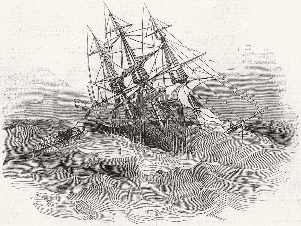 SUSSEX. Wreck of Dutch Indiaman, Pevensey Bay 1846 old antique print picture